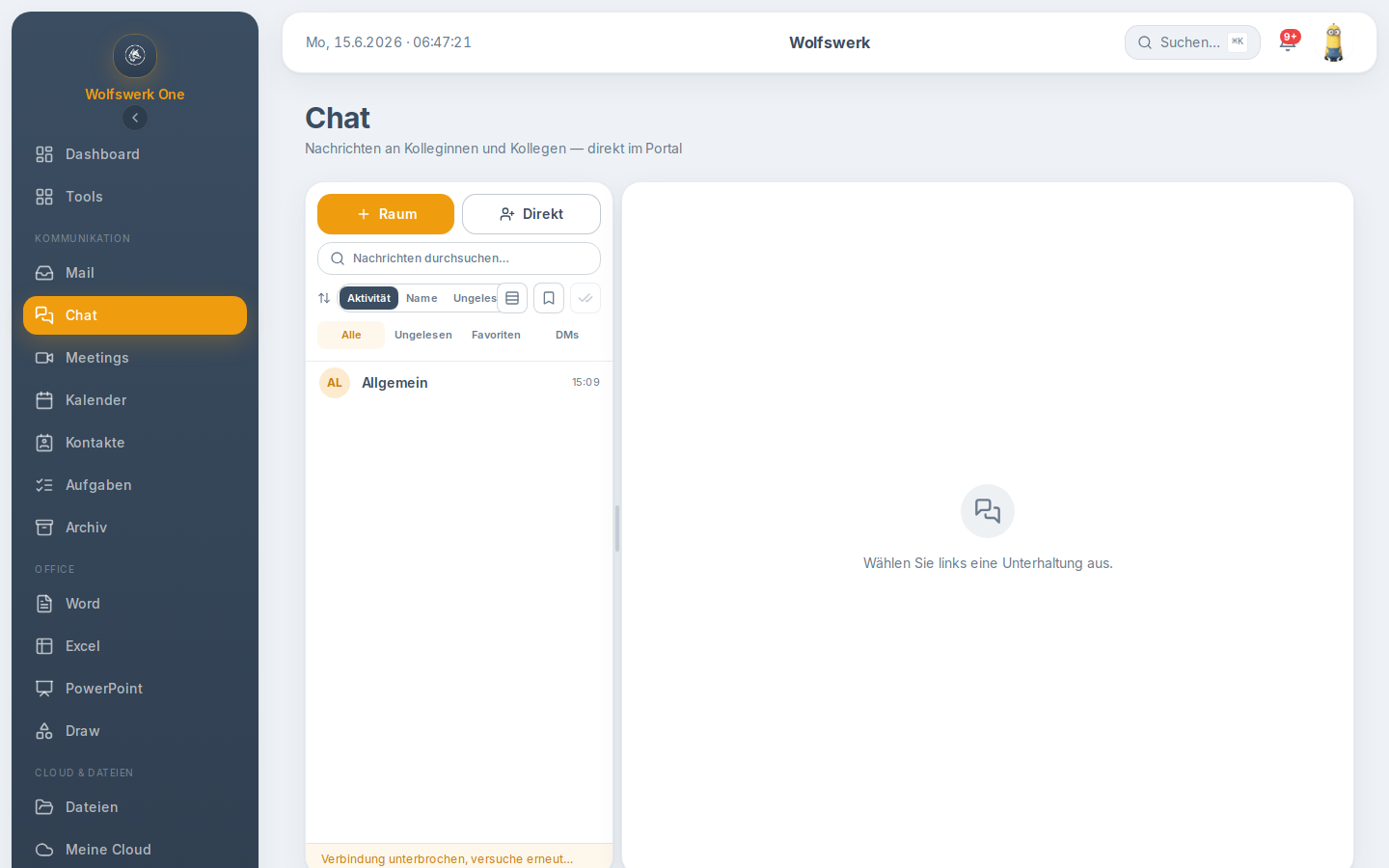 Übersicht des Chat-Moduls mit Raumliste und Nachrichtenverlauf