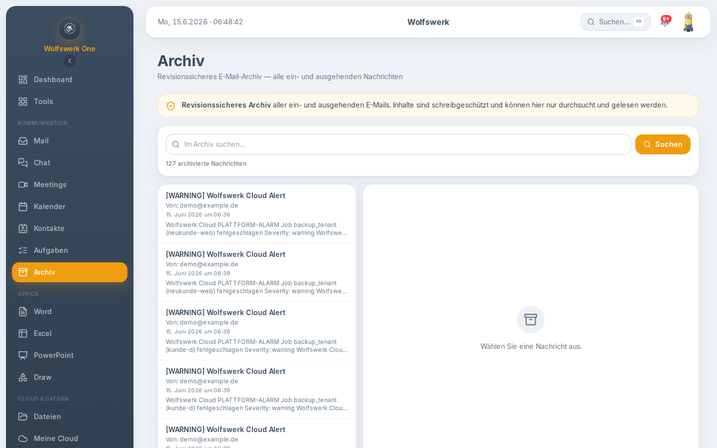 Übersicht der E-Mail-Archivierung mit Trefferliste und Lesebereich