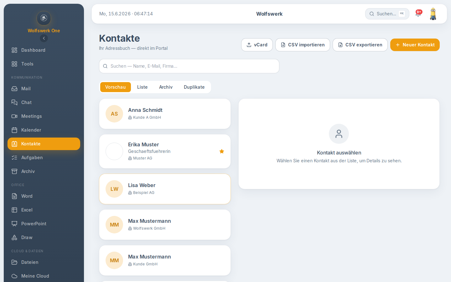 Übersicht des Moduls Kontakte mit Adressbuch und Detailansicht