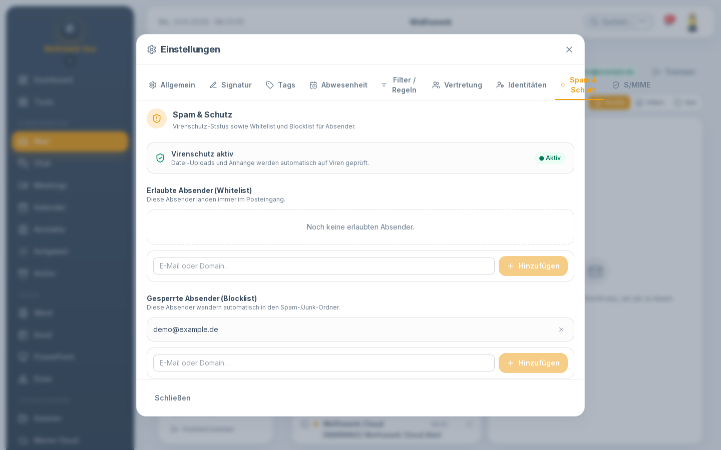 Einstellungen: Spam & Schutz in mail
