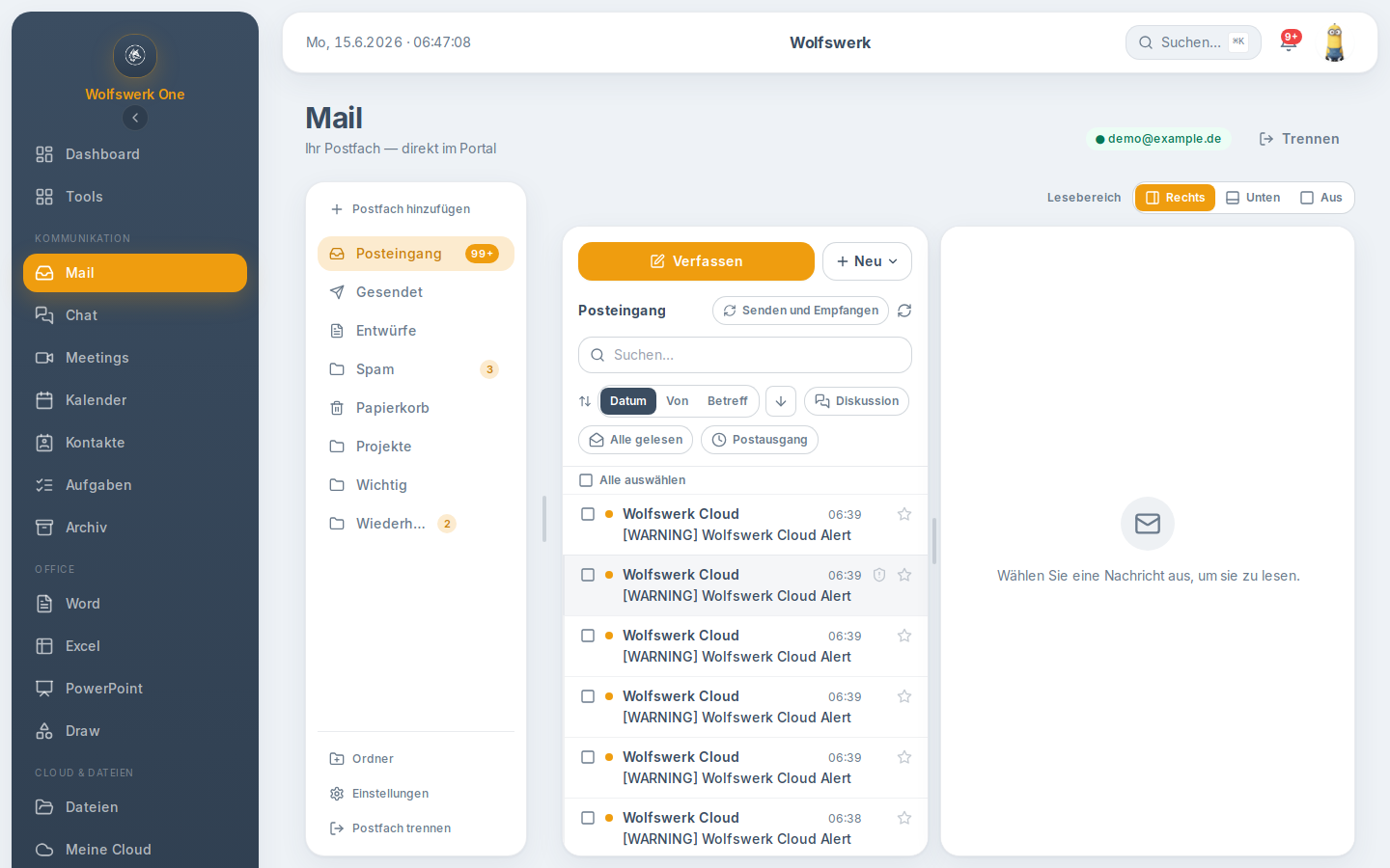 Übersicht des E-Mail-Moduls mit Ordnerliste, Nachrichtenliste und Lesebereich