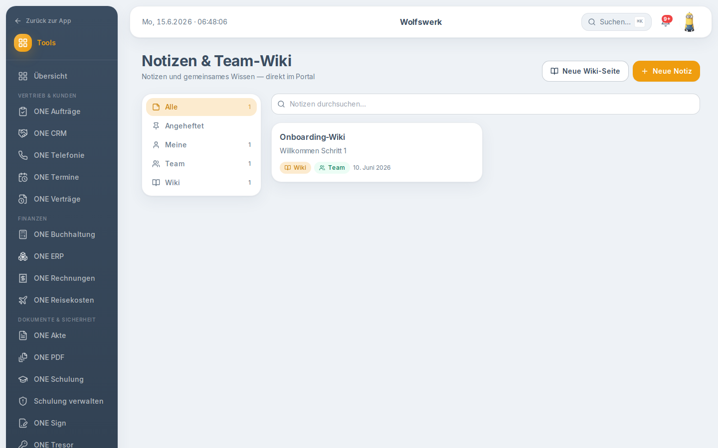 Übersicht von Notizen & Team-Wiki mit Seitenleiste und Notizkarten