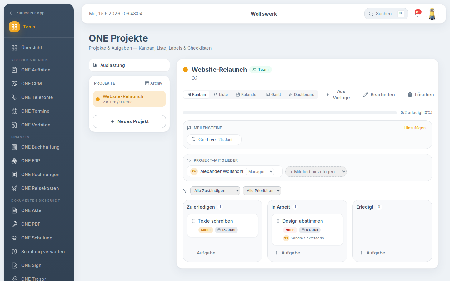 Übersicht von ONE Projekte mit Projektliste und Kanban-Board