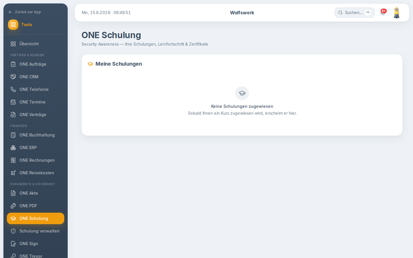 Übersicht von ONE Schulung mit zugewiesenen Kursen und Auszeichnungen