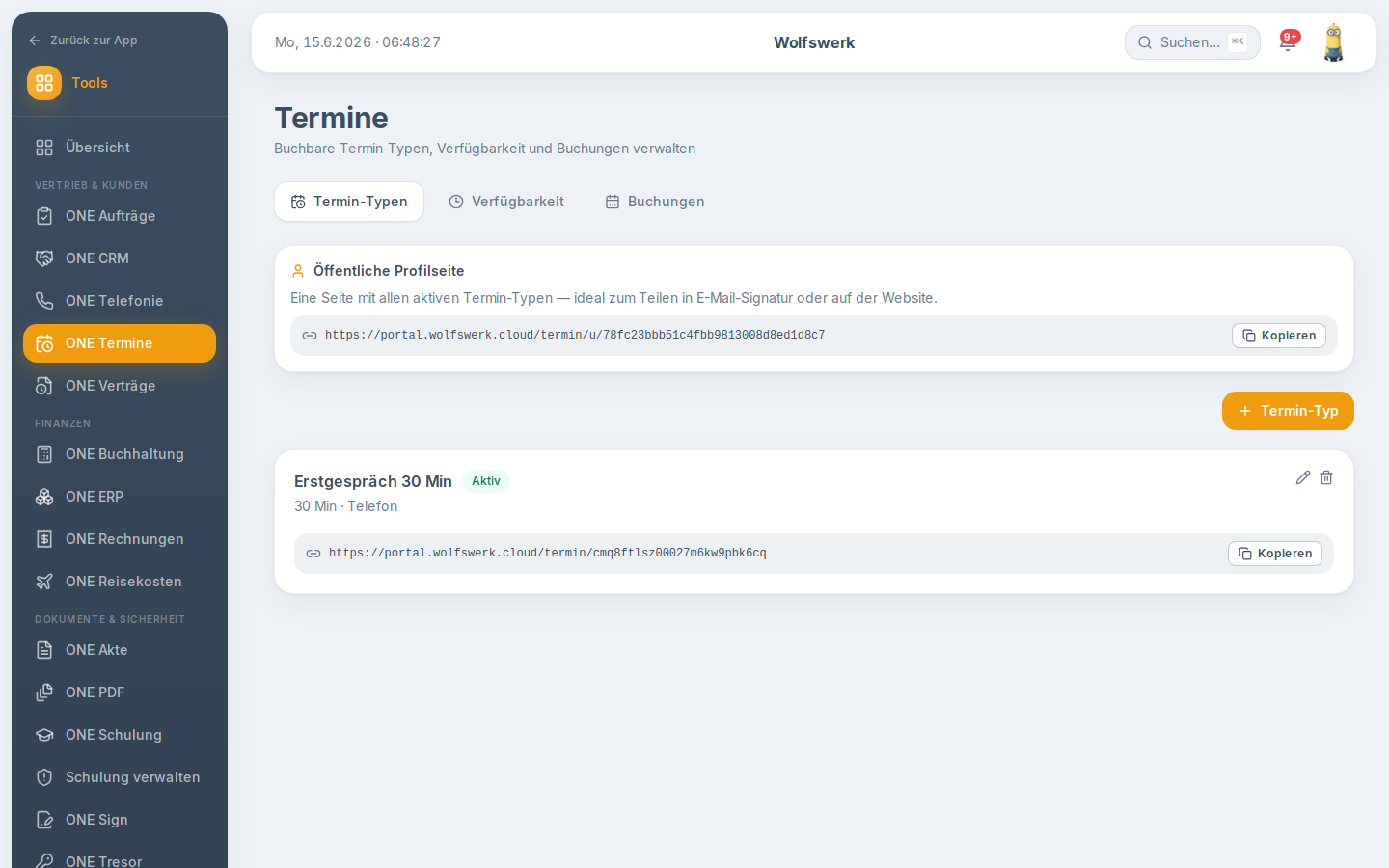 Übersicht von ONE Termine mit Termin-Typen, Verfügbarkeit und Buchungen