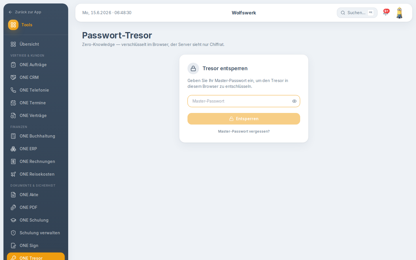 Übersicht von ONE Tresor mit Tresoren, Ordnern, Werkzeugen und Eintragsliste