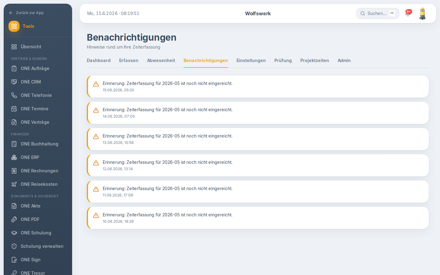 Benachrichtigungen in zeiterfassung